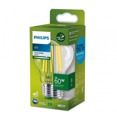 Philips UltraEfficient LED Filament Lampe 4W = 60W E27 A60 4000K Neutralweiß 840lm 300° nicht dimmbar